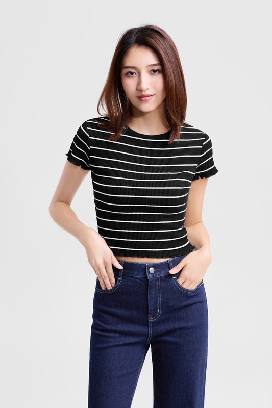 羅紋條紋木耳邊短版T恤-女