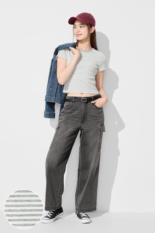 棉質羅紋條紋短版T恤-女