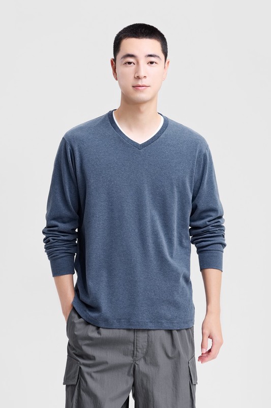 磨毛柔棉V領長袖T恤-男