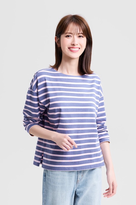 純棉粗紡落肩寬版條紋T恤-女