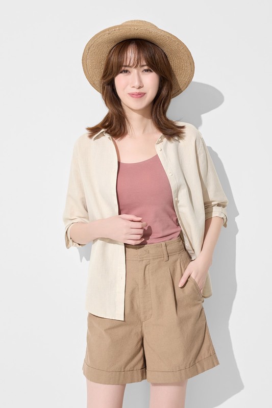 棉麻打褶五分褲-女