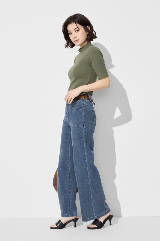 棉質羅紋立領五分袖T恤-女