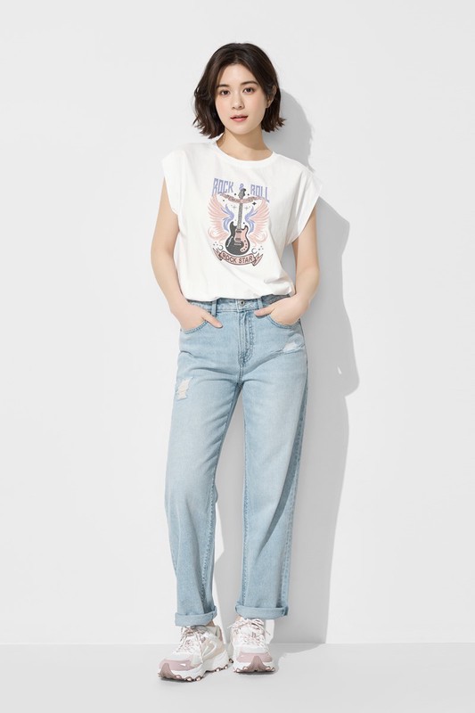 純棉寬版復古美式印花無袖上衣-女