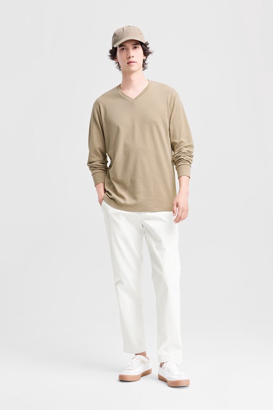 磨毛柔棉V領長袖T恤-男