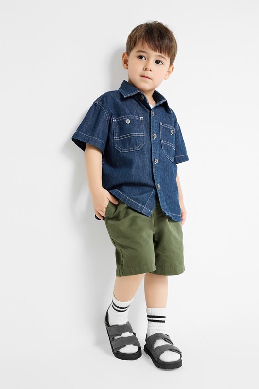 牛仔寬版短袖襯衫-童