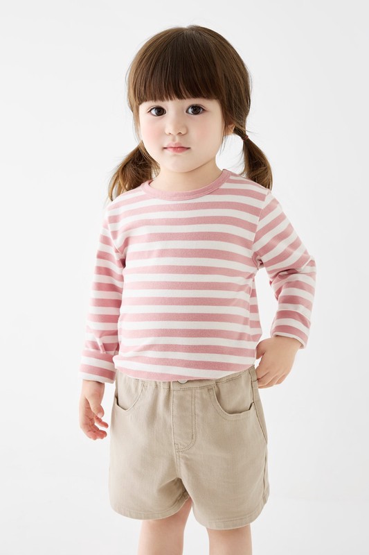 磨毛羅紋條紋圓領T恤-童