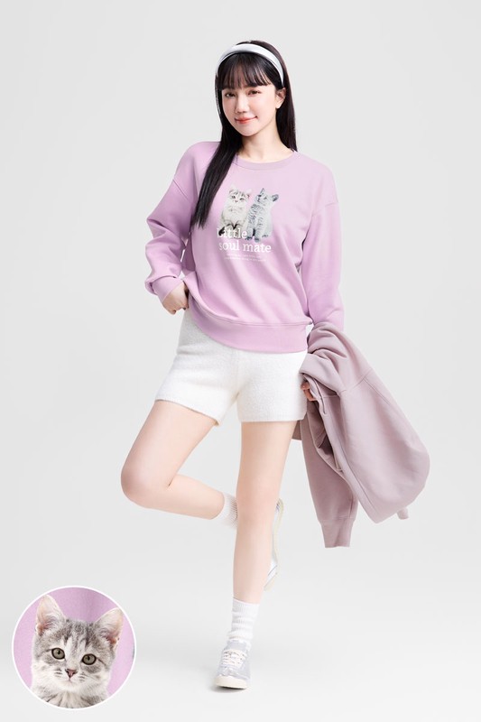 貓咪刷毛印花圓領衫-女