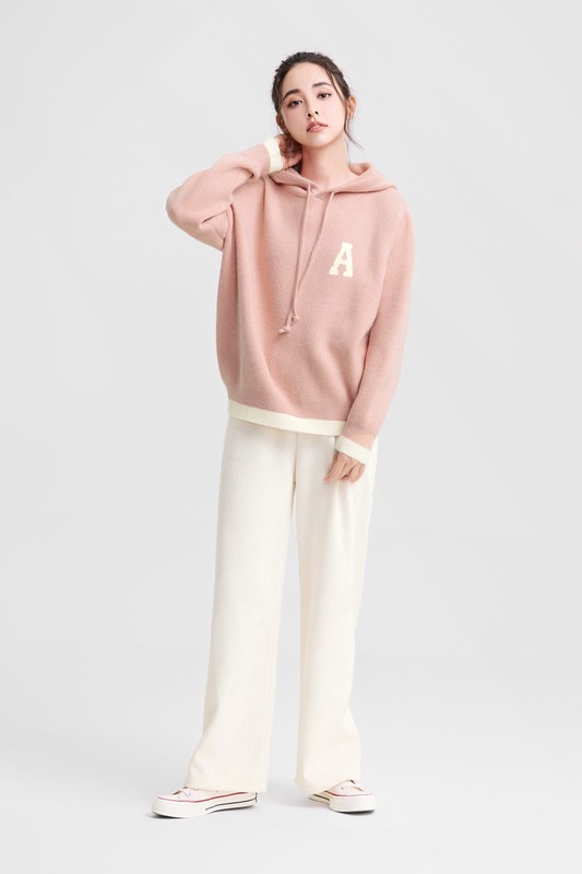 粗針混紡寬版連帽毛衣-女