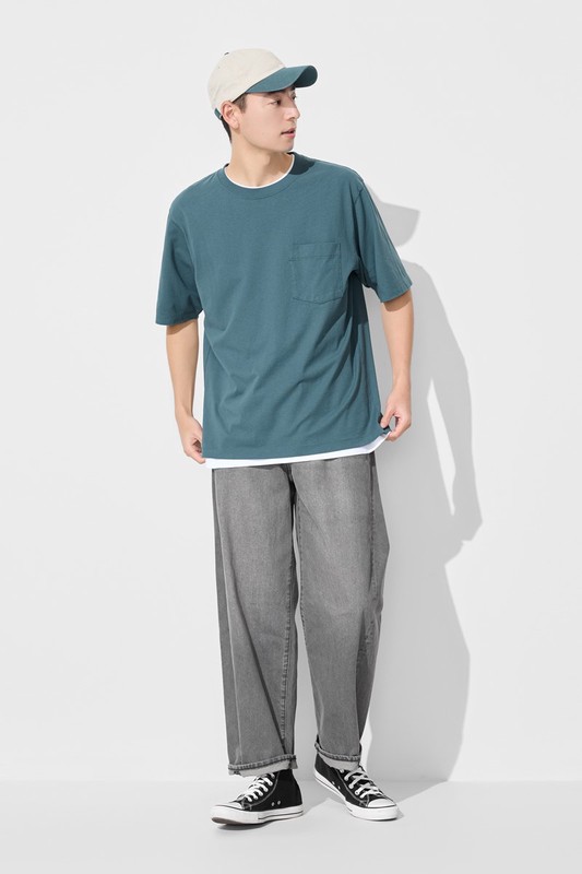 純棉厚寬版口袋五分袖T恤-男