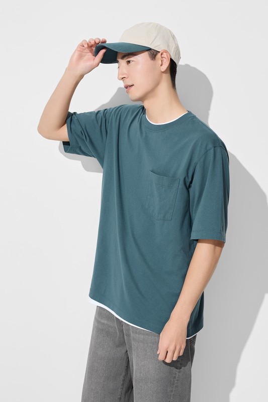 純棉厚寬版口袋五分袖T恤-男