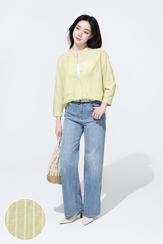 棉麻條紋七分袖襯衫-女
