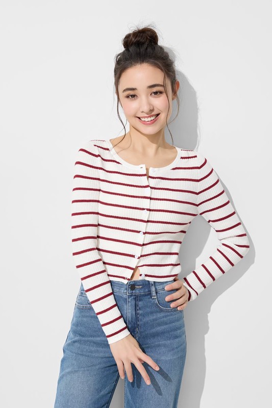 透膚圓領條紋短版針織外套-女