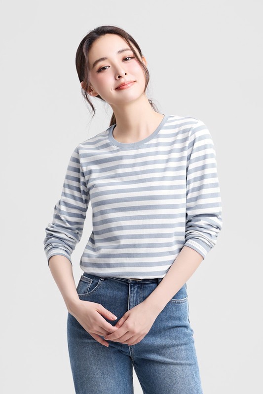 純棉條紋長袖T恤-女