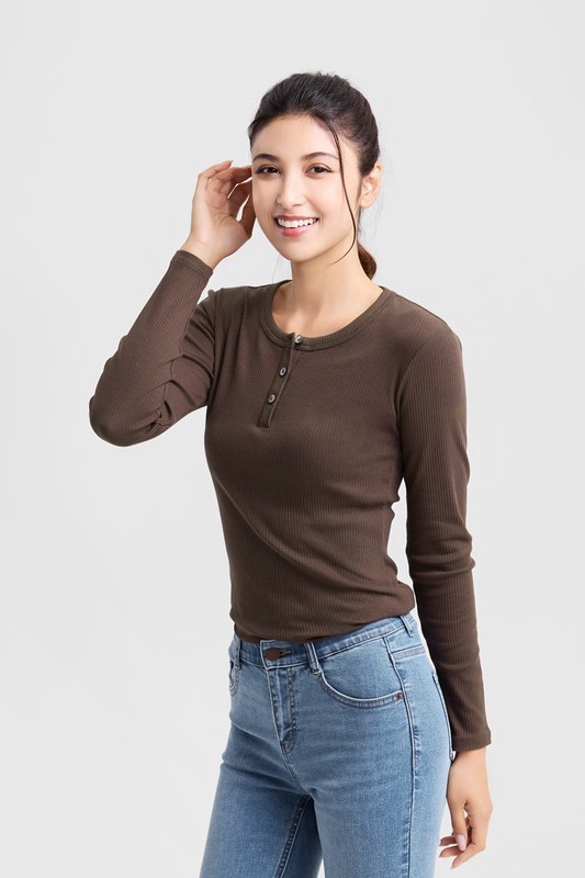 羅紋半開襟長袖T恤-女