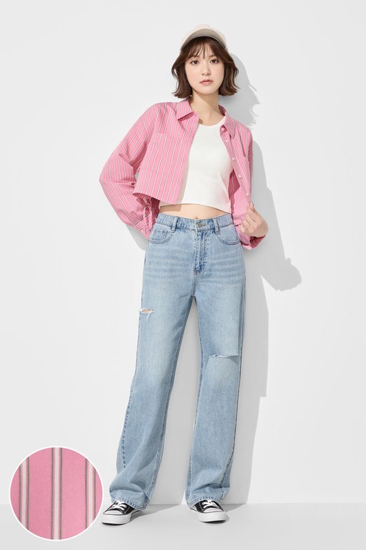 輕柔條紋短版長袖襯衫-女