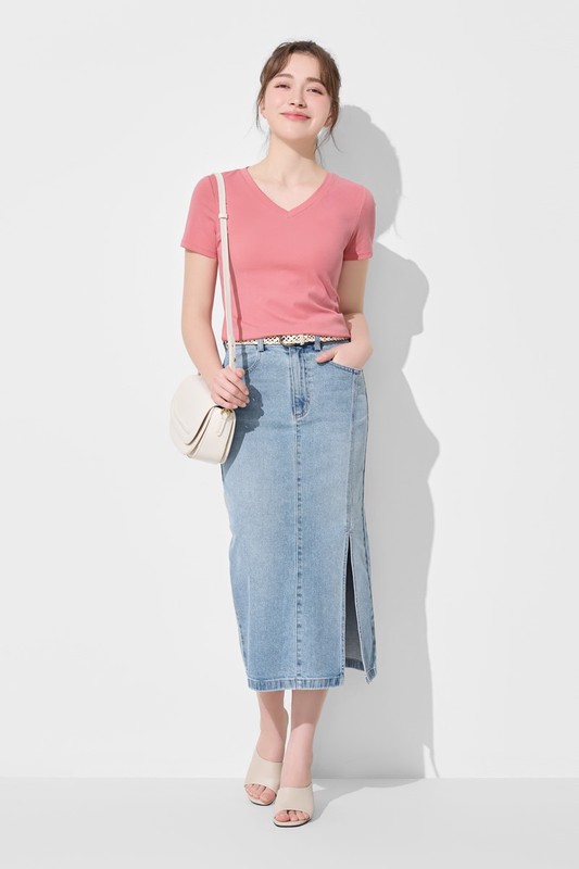 棉質羅紋V領T恤-女