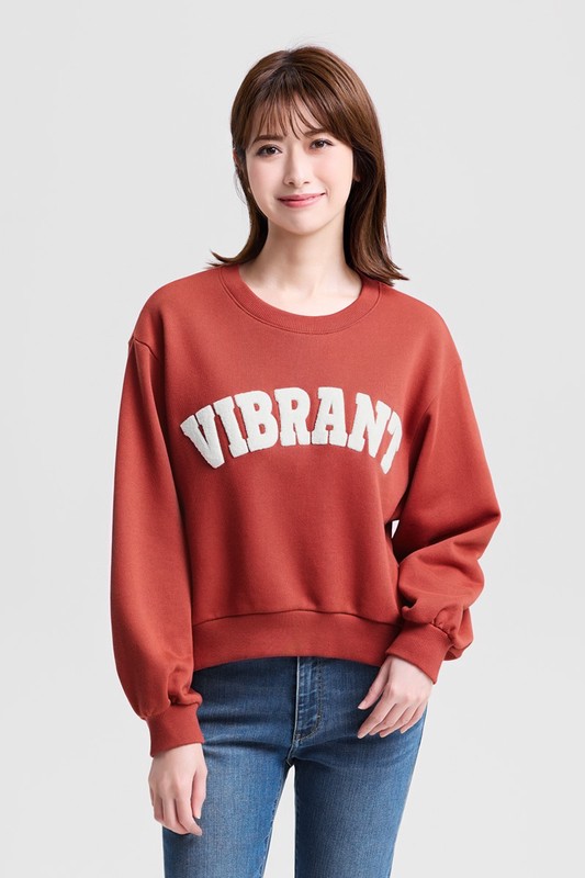 毛圈寬短版貼布繡圓領衫-女