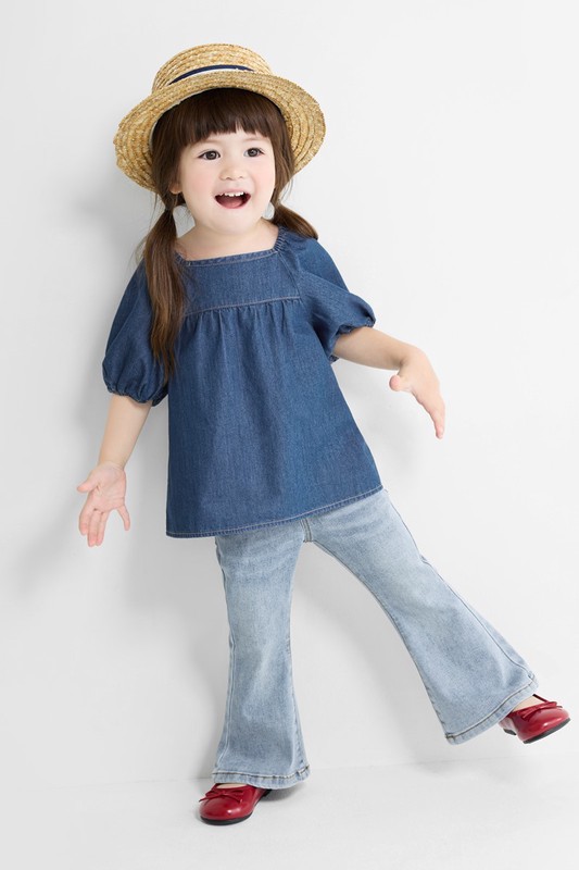 牛仔泡泡袖上衣-童