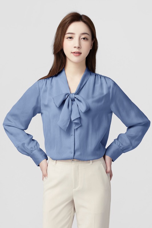 緞面領結長袖襯衫-女
