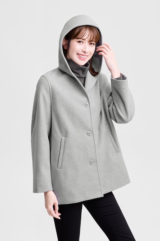仿毛呢排釦連帽大衣-女