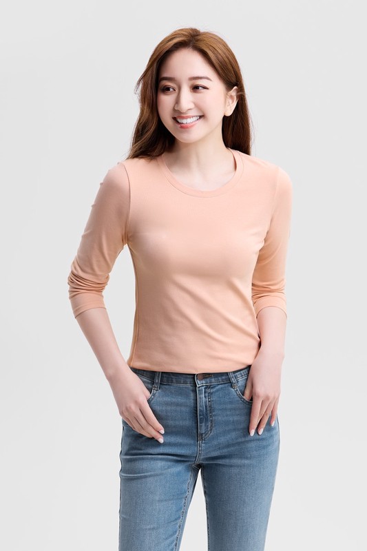 棉質羅紋圓領長袖T恤-女