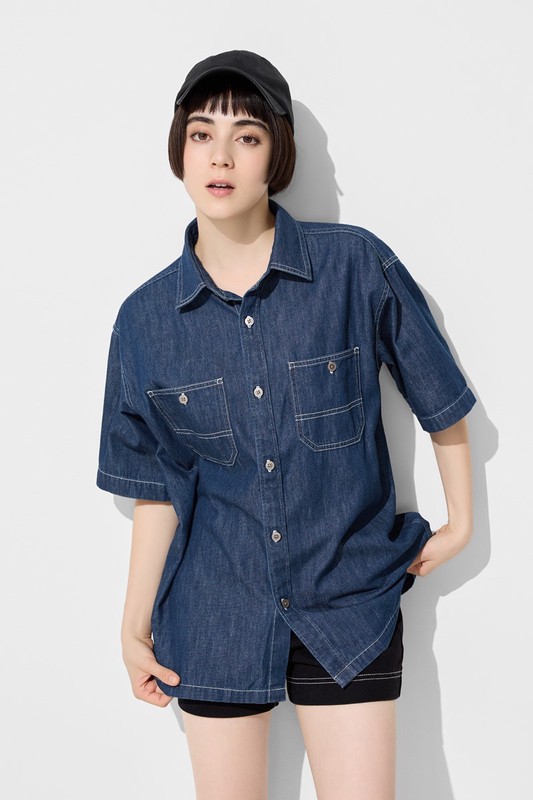 牛仔寬版短袖襯衫-男