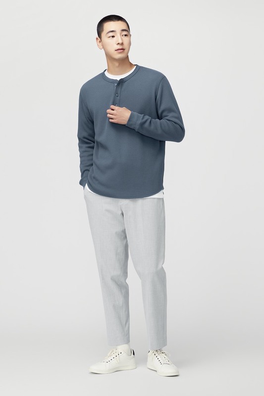 華夫格亨利領長袖T恤-男