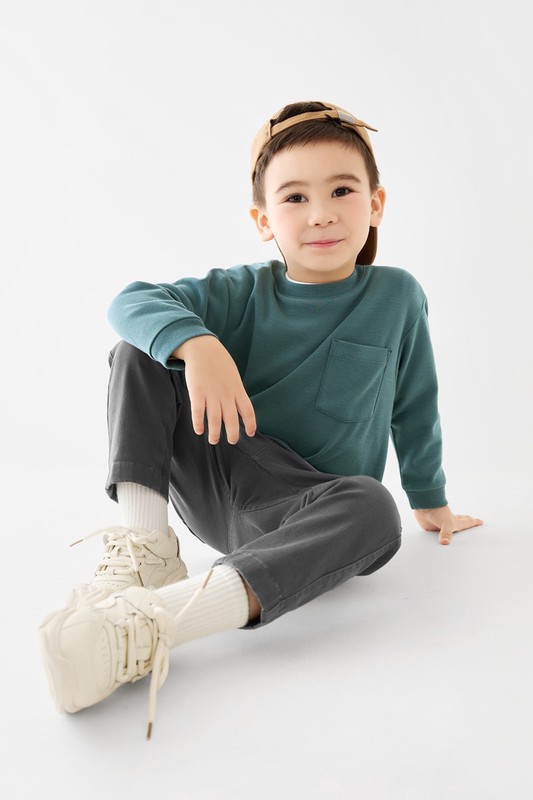 磨毛柔棉寬鬆口袋長袖T恤-童