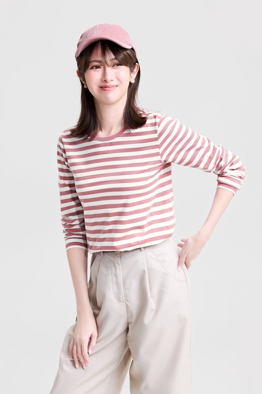 純棉條紋長袖T恤-女