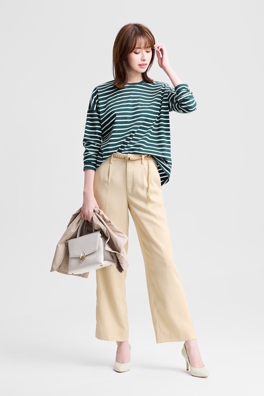 柔滑棉寬鬆條紋長袖T恤-女