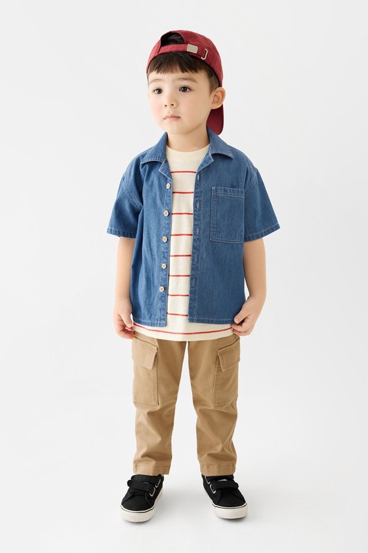 牛仔寬版短袖襯衫-童