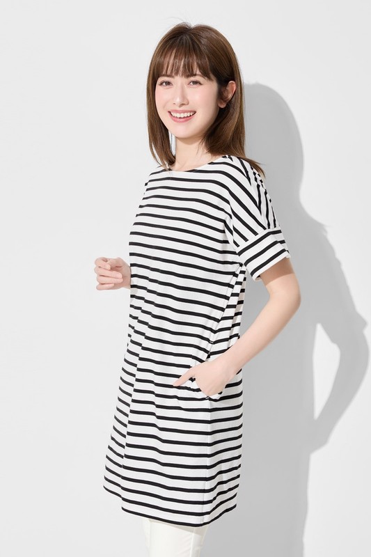 柔滑棉條紋寬鬆洋裝-女