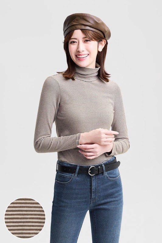 磨毛羅紋條紋高領T恤-女