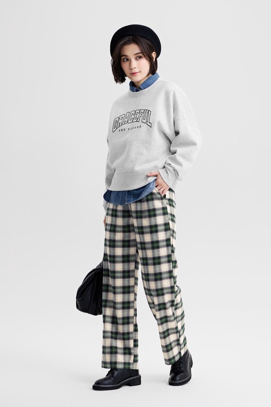 刷毛寬短版印花圓領衫-女