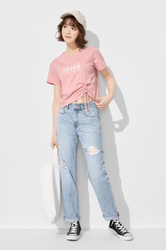 柔滑棉文字印花抽繩上衣-女