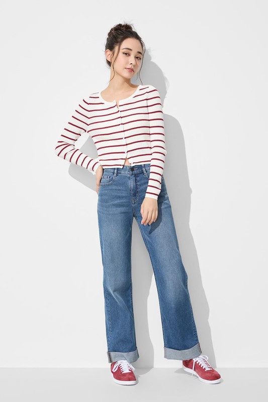 透膚圓領條紋短版針織外套-女