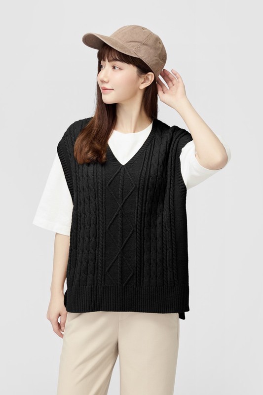 麻花寬版落肩V領針織背心-女