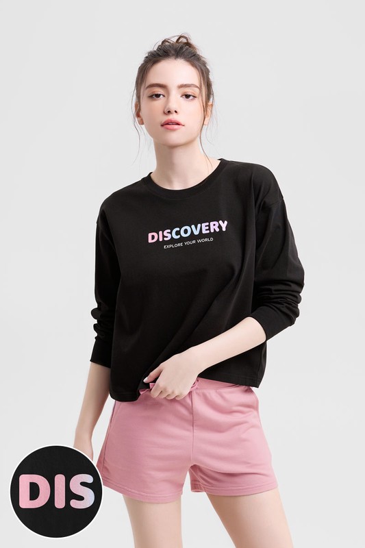 Discovery寬短版長袖印花T恤-03-女