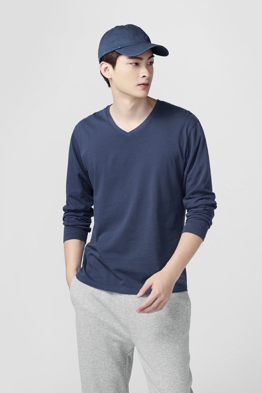 純棉V領長袖T恤-男