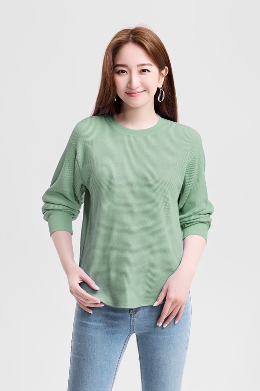 華夫格寬鬆長袖T恤-女