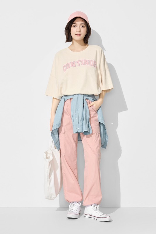 純棉寬版文字印花落肩T恤-女