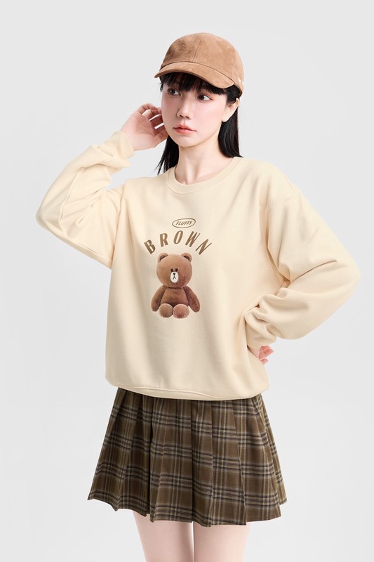 LINE FRIENDS毛圈寬版印花圓領衫-03-女