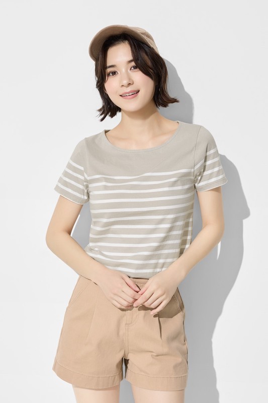 純棉船領條紋短袖T恤-女