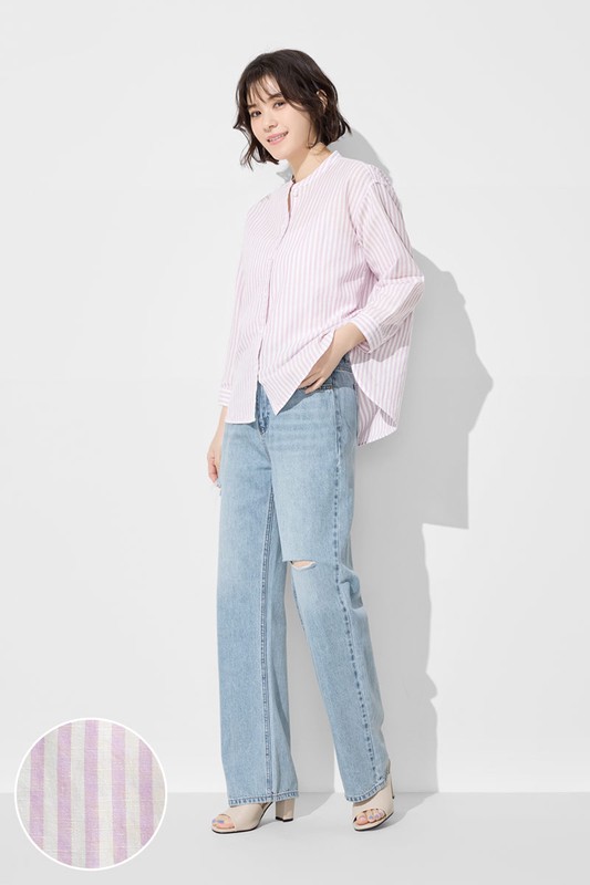 棉麻條紋七分袖襯衫-女