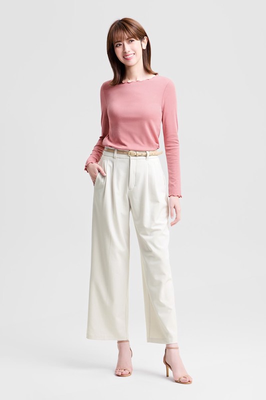 輕柔羅紋木耳邊長袖T恤-女