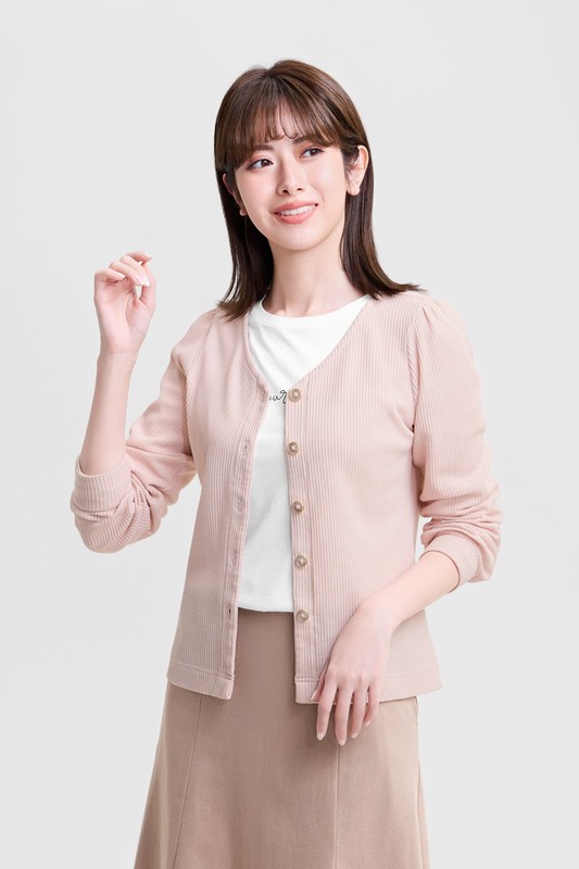 華夫格V領排釦長袖上衣-女
