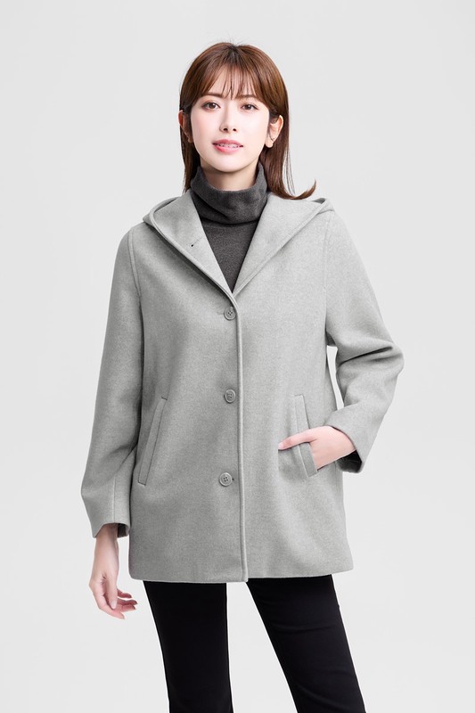 仿毛呢排釦連帽大衣-女