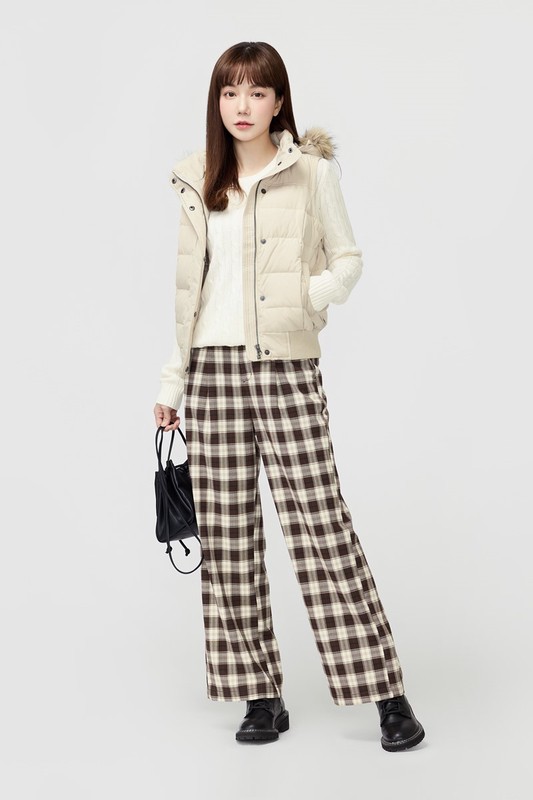 格紋打褶寬褲-女