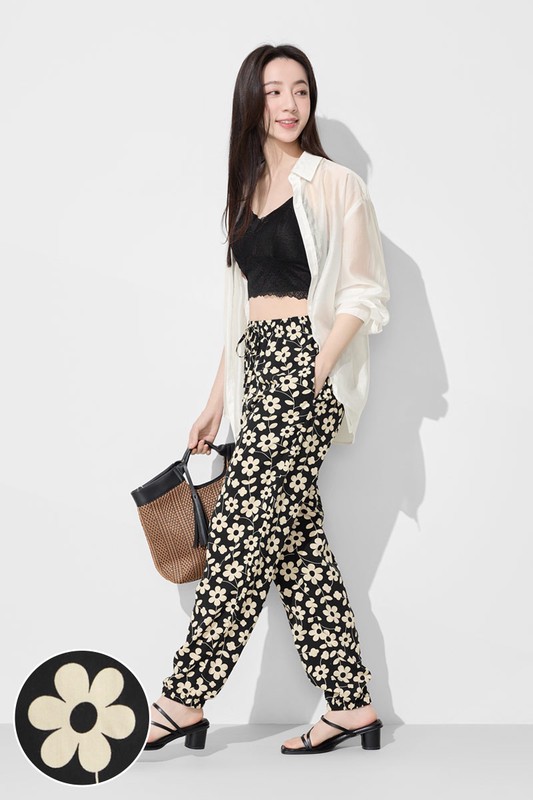 嫘縈花朵印花束口褲-女