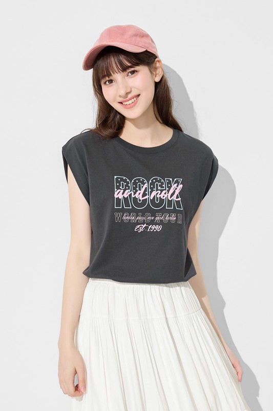純棉寬版復古美式印花無袖上衣-女